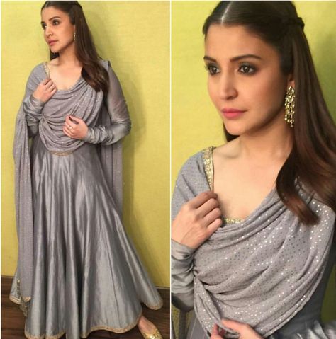 Anushka Sharma wearing light grey traditional outfit by Rimple & Harpeet Narula Grey Anarkali, Hairstyle Examples, Silk Anarkali, Traditional Outfit, Desi Clothes, 90s Fashion Outfits, Bollywood Style, Anushka Sharma, Indian Wedding Outfits