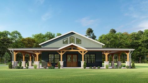 3-Bedroom One-Story Rustic Barn Style Farmhouse With 3-Side Wraparound Porch(Floor Plan) Vaulted Porch Ceiling Covered Patios, Moody Farmhouse Exterior, Barndominium Exterior Ideas, Farmhouse Open Floor Plan, Metal Building Homes Cost, Rustic Farmhouse Plans, Pole Barn Homes Interior, Simple Ranch House Plans, Pre Engineered Metal Buildings