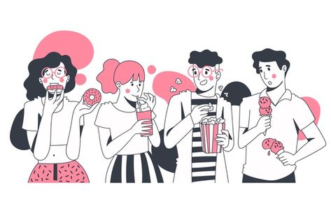 Group of people eating snacks | Free Vector #Freepik #freevector #food #people #human #person Illustration System, Flat Design Poster, Fitness Illustration, Dessert Illustration, Dog Comics, Cloud Illustration, Food Cartoon, Vector Food, Illustration Procreate