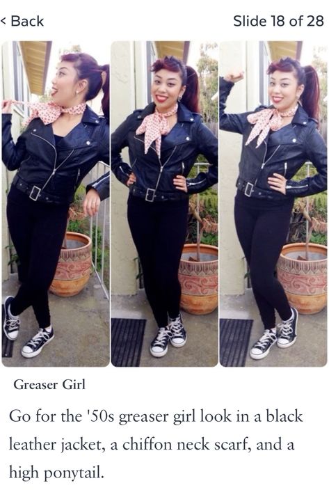 Greaser Style Women, 50’s Costumes, Sock Hop Outfits For Women, Greasers Outfit Girl, 50s Greaser Girl, Girl Greaser Outfit, 50s Costumes, Sock Hop Outfits, Sock Hop Costumes