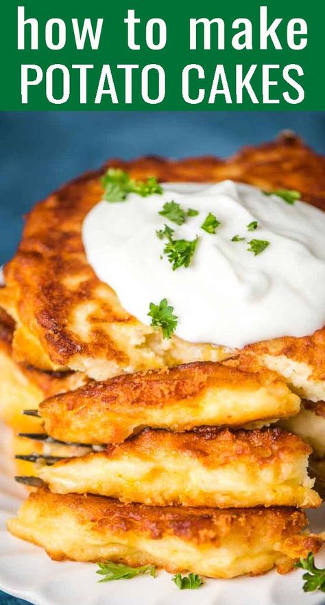 The best way to use up leftover mashed potatoes! Easy, cheesy, fried mashed potato cakes ready in under 30 minutes. via @tastesoflizzyt Mashed Potatoes For Breakfast, Fried Mashed Potato Cakes, Mashed Potato Fritters, Mashed Potato Cake Recipe, Fried Potato Cakes, Breakfast Video, Fried Mashed Potatoes, Mashed Potato Patties, Mashed Potato Pancakes