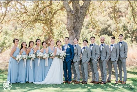 Wedding Picture Ideas With Bridesmaids Groomsmen, Groom Wearing Different Color Than Groomsmen, Light Blue And Grey Bridal Party, Shades Of Blue Wedding Party Attire, Blue Groom Gray Groomsmen, Dusty Blue Wedding Bridal Party, Groomsmen Attire And Bridesmaids, Blue Dusty Wedding, Blue Tux Wedding Color Schemes