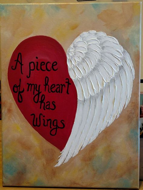 A painting I did for a friend. I used liquitex modeling paste for texture on the wing before painting it. A Piece Of My Heart Has Wings Tattoo, Wings Background, Angel Wings Painting, Angel Wings Art, Mom In Heaven, Miss My Mom, Birthday In Heaven, Miss You Mom, Angel Artwork