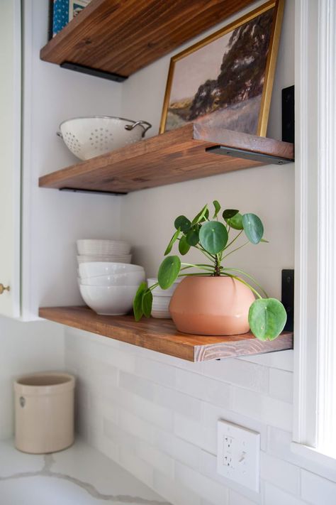 Vertical Tongue And Groove Backsplash, Diy Wine Shelves, Hawaiian Hale, Corner Shelves Kitchen, L Shaped Shelves, Floating Shelf Hardware, Wood Corner Shelves, Kitchen Floating Shelves, Metal Floating Shelves