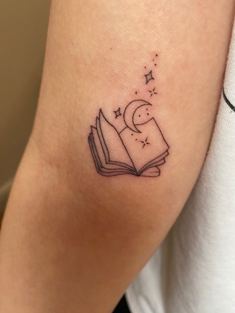 Moon And Stars Tattoo Arm, Small Open Book Tattoo, Moon And Book Tattoo, Book Moon Tattoo, Book And Stars Tattoo, Book Open Tattoo, Book Ankle Tattoo, Midnight Library Tattoo, Moon Book Tattoo