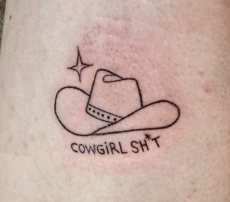 Small Matching Country Tattoos, Patchwork Tattoo Ideas Western, Tattoos To Get In Nashville, Yee Haw Tattoo, Yeehaw Tattoo, Howdy Tattoo, Cowboy Hat Tattoo, Meaning Tattoos, Cowboy Tattoos