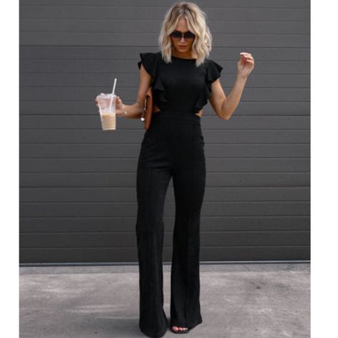 Brand New, Never Worn! Reunion Outfit, Cutout Jumpsuit, Ruffle Jumpsuit, Wide Pants, Black Jumpsuit, Faux Suede, Party Wear, Fitness Fashion, Jumpsuit Romper