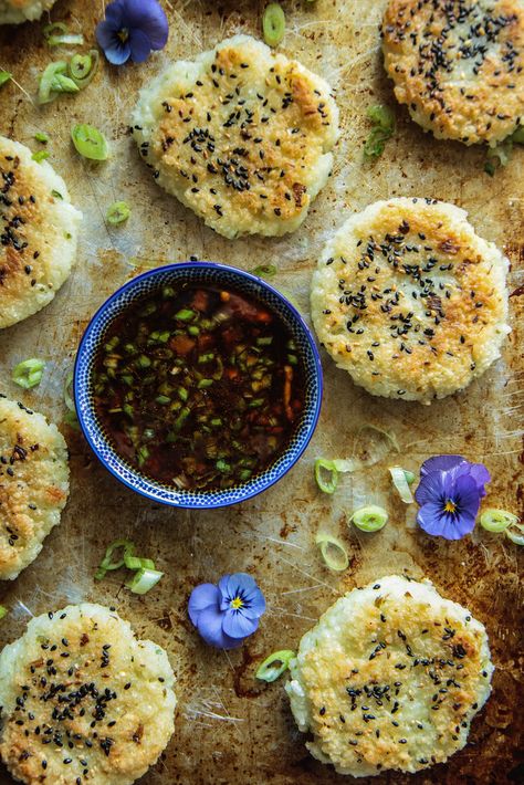 Crispy Rice Cakes - Heather Christo Crispy Rice Cakes, Gf Sides, Crispy Rice, Spicy Tuna, Dairy Drinks, Allergy Free Recipes, Asian Foods, Toasted Sesame Seeds, Recipes Vegan