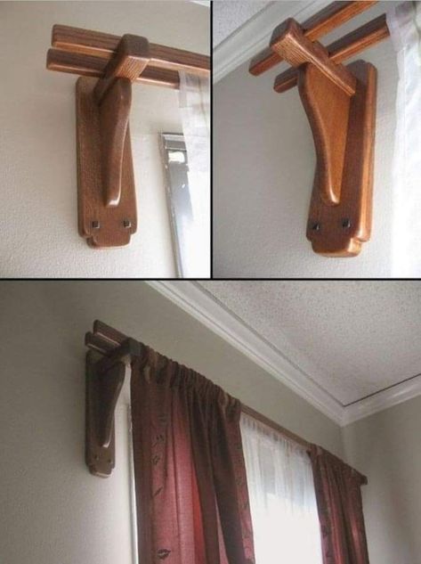 Curtains Holder, Modern Sheer Curtains, Wooden Curtain Rods, Wood Curtain Rods, Diy Curtain Rods, Wooden Brackets, Curtain Rod Holders, Wood Curtain, Living Room Curtains