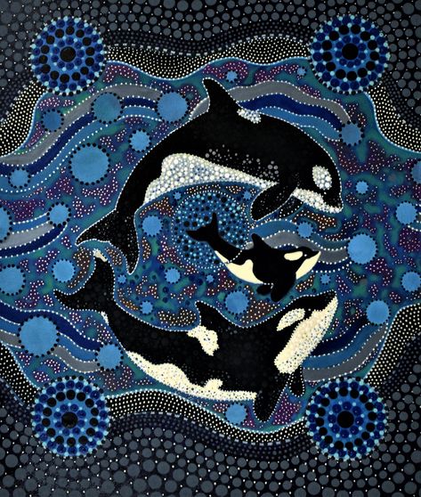 Whale Dot Painting, Aboriginal Art Dot Painting Animal, Folk Art Sea Creatures, Ocean Aboriginal Art, Australian Dot Painting, Australian Dot Art, Mosaic Whale, Whale Illustration Art, Mandala Whale