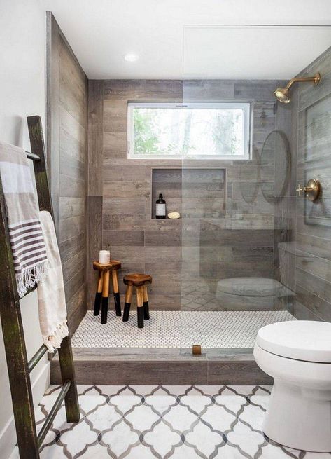 Bold Mosaic Tile Wall With Wood Tile Wall | Expand Your Design Horizons With These Wood Tile Bathroom Ideas | Decoist Wood Tile Shower, Wood Tile Bathroom, Farmhouse Bathroom Design, Farmhouse Bathroom Remodel, Bathroom Vanity Decor, Farmhouse Bathroom Vanity, Casa Country, Decor Baie, Farmhouse Master