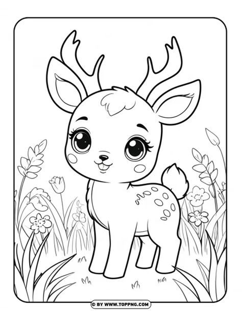 drawing of wild animals in forest - Kawaii Deer - ready to print Deer Drawing Cute, Forest Drawing With Animals, Forest Animals Drawing, Cute Deer Drawing, Wild Animal Drawing, Tortoise Cartoon, Animals In Forest, Wild Animals Drawing, Icing Transfers