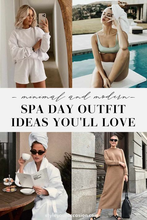 Looking for the perfect spa day outfit? Get the best outfit ideas for spring, summer, fall, and winter spa days and learn exactly what to wear to the spa for all kinds of spa treatments. The spa aesthetic is easy to achieve with these effortless looks. Spa Day Outfit, Day Trip Outfit, Trip Outfit Summer, Winter Spa, Summer Weekend Outfit, Spa Wear, Weekend Getaway Outfits, Spa Aesthetic, Spa Outfit