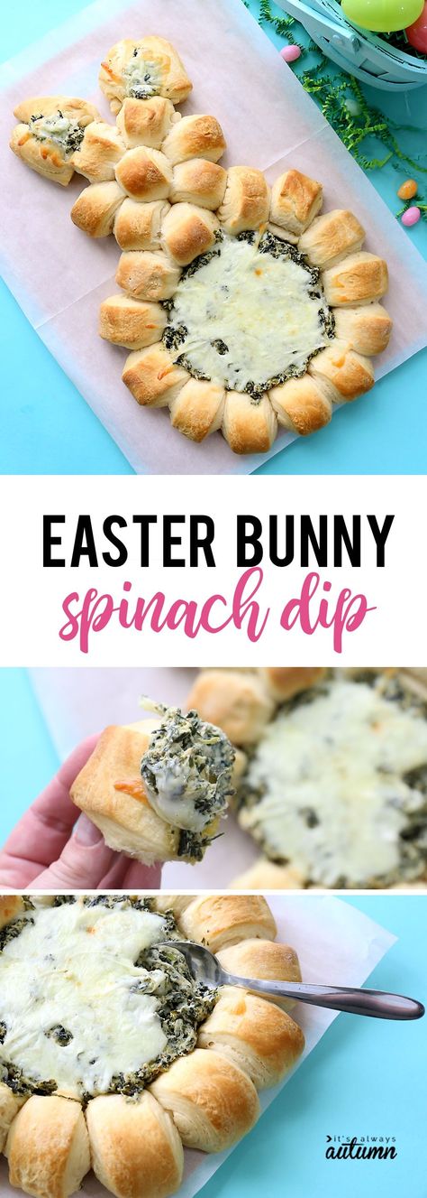 Easter Bunny spinach dip | This super easy Easter appetizer is made with refrigerated crescent dough and creamy homemade spinach dip. Bunny Spinach Dip, Homemade Spinach Dip, Easter Appetizer, Easter Appetizers Easy, Easter Food Appetizers, Easter Party Food, Dip Easy, Easter Side Dishes, Easter Appetizers