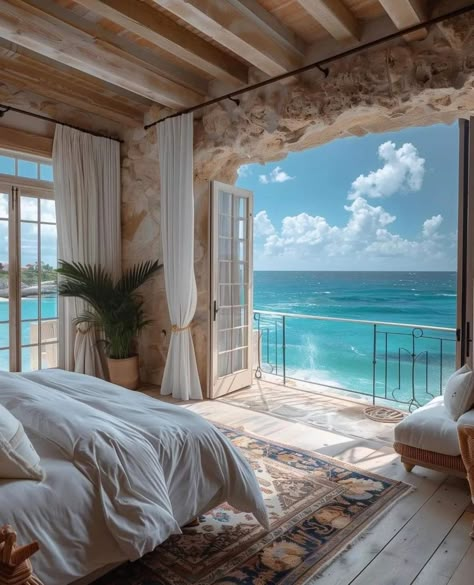 Ocean Hotel Room, Holiday House Bedroom, Vacation Room Aesthetic, Seaside Appartement, Bedroom With Beach View, Bethany Aesthetic, Summer Beach House Aesthetic, Ocean View Aesthetic, Room Ideas Beach