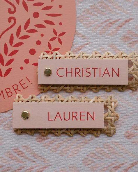 Rattan Wedding Invitation, Rattan Table Decor, Cane Wedding Decor, Unique Name Cards Wedding, Rattan Wedding Decor, Wedding Rattan, Pink Place Cards, Rattan Wedding, Wedding Name Place Cards