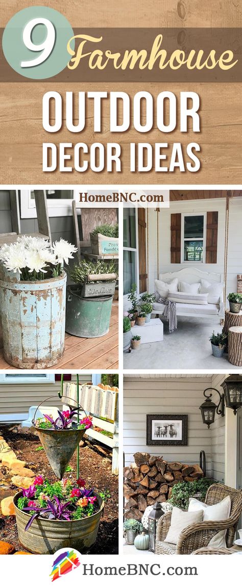 Farmhouse Outdoor Decor Ideas Farmhouse Back Porch Decor, Farmhouse Outdoor Planters, Farmhouse Outdoor Entryway Ideas, Country Outdoor Decor, Rustic Farmhouse Porch Ideas, Outside Garage Decor, Farmhouse Landscape Ideas, Farmhouse Decor Outside, Landscaping Ideas For Front Of House