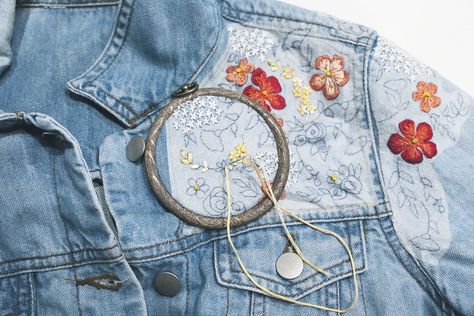 Embroidery Jacket Design, Embroidery On Jean Jackets, Denim Embroidery Jacket, Jean Jacket Embroidery Diy, Embroidery On Denim Jackets, Embroidery Jean Jacket, Flowers Embroidery Pattern, Jean Quilts, Denim Jacket Embroidery