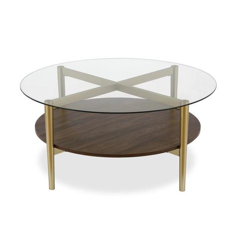 Gold Glass Coffee Table, Walnut Shelf, Round Metal Coffee Table, Modern Glass Coffee Table, Circular Coffee Table, Round Glass Coffee Table, Walnut Shelves, Coffee Table With Shelf, Mid Century Modern Coffee Table