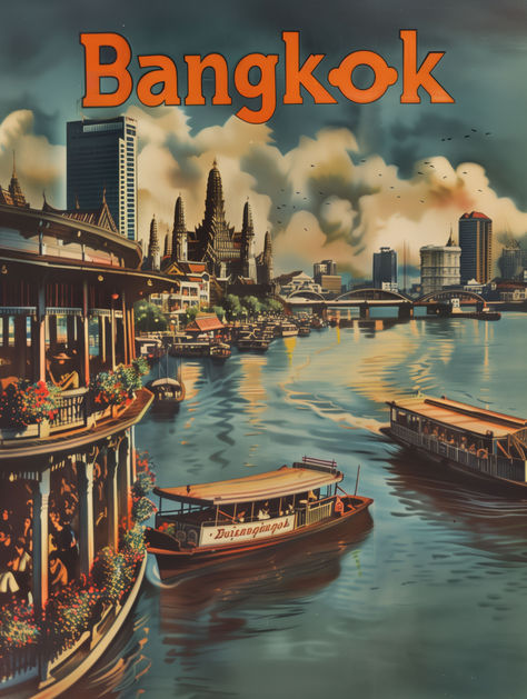 Step into the vibrant heart of Thailand with our Retro Bangkok Travel Poster. This stunning digital artwork captures the essence of Bangkok's rich tapestry, where the serene flow of the Chao Phraya River meets the bustling cityscape dotted with historic temples and modern architecture.

The poster artfully portrays the dynamic contrast between the calm, meandering riverboats and the energetic pulse of the city. Bangkok Poster, Thailand Poster, Chao Phraya River, Landmarks Art, Thailand Art, Bangkok Travel, Art City, Etsy Printable Art, River Boat