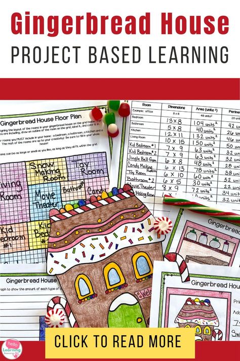 These gingerbread house project based learning activities are sure to be a hit with your 4th grade or 5th grade students or homeschool learners. Covers the skills of data collection, graphing, area and perimeter, decimals, sensory words, and descriptive writing. Use this pbl project during the winter or in the weeks leading up to Christmas. This math pbl project will keep your learners engaged in learning and excited to complete each task. Includes grading rubrics. Click to read more! Math Gingerbread House, Christmas Activity 4th Grade, Grade 5 Christmas Activities, Upper Elementary Winter Crafts, Christmas Classroom Activities 4th Grade, 3rd Grade Gifted And Talented Projects, Christmas Crafts Upper Elementary, Christmas Math Activities 4th Grade, Christmas Activities For 4th Grade