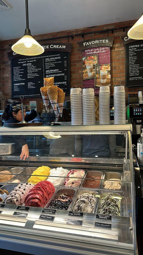 Ice Cream Cafe Aesthetic, Ice Cream Parlour Aesthetic, Ice Cream Place Aesthetic, Working At An Ice Cream Shop Aesthetic, Ice Cream Gelato Aesthetic, Gelato Shop Aesthetic, I’ve Cream Shop, Creamery Shop, Ice Cream Store Aesthetic