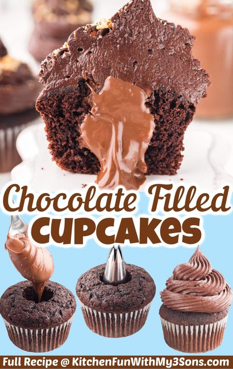 This Chocolate Filled Cupcakes Recipe is one of the most perfect chocolate desserts I’ve ever tried. The cupcake is rich and moist and filled with smooth Nutella filling. I promise it will become a new family favorite. Chocolate Filled Cupcakes Easy, Filled Cupcakes Easy, Chocolate Filled Cupcakes, Cupcake Filling Recipes, Moist Cupcake Recipes, Cream Filled Cupcakes, Nutella Filling, Chocolate Cupcakes Filled, Best Chocolate Cupcakes