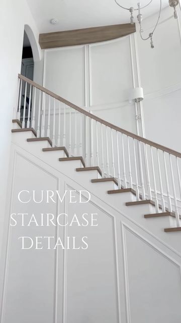 Paneling On Staircase, Wainscoting Tall Walls, Decorate Curved Wall, Curved Staircase Wall Decor, Curved Staircase Foyer Entryway, Curved Wall Decor Ideas, Curved Foyer, Curved Staircase Foyer, Stairway Trim