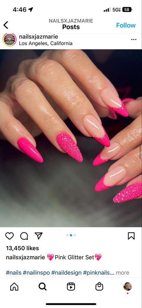 Almond Hot Pink Nails Designs, Pink Almond Nails Design Glitter, Prom Nails For Fushia Dress, Fushia Pink Almond Nails, Pink Acrylic Nails For Prom, Hot Pink Glitter Nail Designs, Party Pink Nails, Nails For Bright Pink Dress, Hot Pink New Years Nails