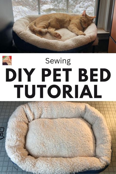 Save some money and sew a quick and easy DIY Pet Bed from recycled jeans, fleece scraps and sherpa fabric. How To Sew Dog Bed, Making A Dog Bed Diy, Sewing A Dog Bed, Diy Cat Bed Easy, Dog Bed Sewing, Homemade Pet Beds, Fleece Scraps, Diy Cat Bed, Diy Pet Bed