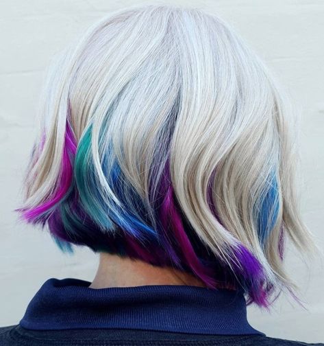 Choppy Bob with Unicorn Peekaboo Highlights Pink Peekaboo Hair, Blonde Peekaboo Highlights, Natural Dark Hair, Hidden Hair Color, Peekaboo Hair Colors, Peekaboo Highlights, Peekaboo Hair, Vivid Hair Color, Bright Hair Colors