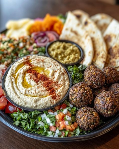 Mediterranean Mezze Platter with Hummus, Falafel, and Pita Hummus Pita Platter, Falafel Platter Ideas, Falafel With Hummus, Mediterranean Mezze Platter, Hummus Platter Presentation, Hummus Platter Ideas, Falafel Ideas, Greek Mezze Platter, Mezze Platter Ideas