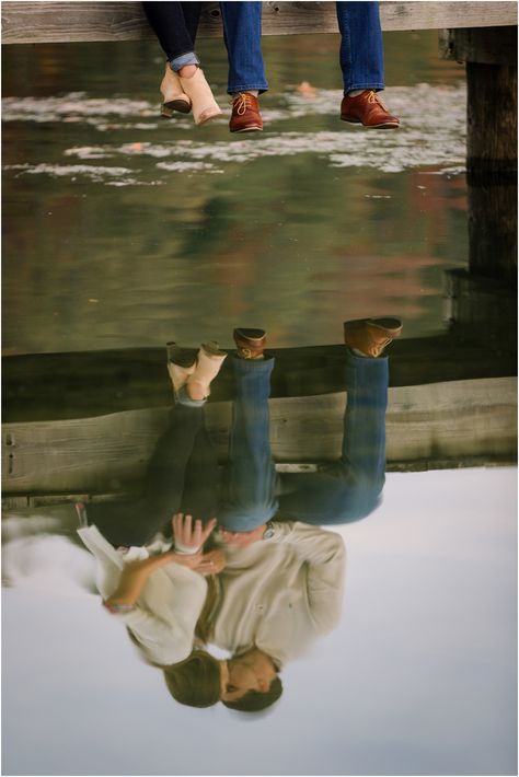 Creative engagement photo ideas sitting on a dock with a reflection on the water in Knoxville TN. Dock Family Photos, Dockside Engagement Photos, Engagement Photo Water, Engagement Photos Funny Creative, Donner Lake Engagement Photos, Creative Engagement Photos Ideas Funny, Lake House Engagement Photos, Fall Inspired Engagement Photos, Engagement Photos Riverside