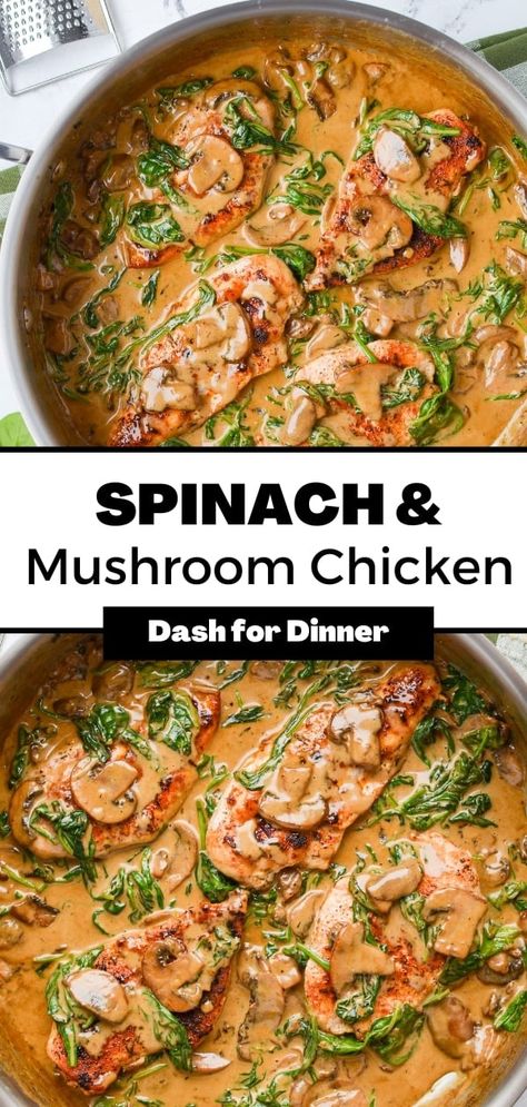 If you're searching for a satisfying and easy dinner idea that is both delicious and keto-friendly, look no further than this Creamy Chicken and Spinach skillet dinner! This quick and simple dinner recipe only takes about 35 minutes to make and is full of flavourful ingredients. With a creamy sauce, juicy chicken breast, and fresh spinach, this dinner is sure to be a hit with the whole family. Dinner Recipes Using Spinach, Keto Fresh Spinach Recipes, Chicken Mushroom And Spinach Recipes, Spinach Sauce For Chicken, Chicken Spinach Mushroom Low Carb, Chicken Spinach Mushroom Recipes, Chicken Mushrooms Spinach Recipes, Chicken Breast Spinach Mushroom, Chicken Spinach And Mushroom Recipes