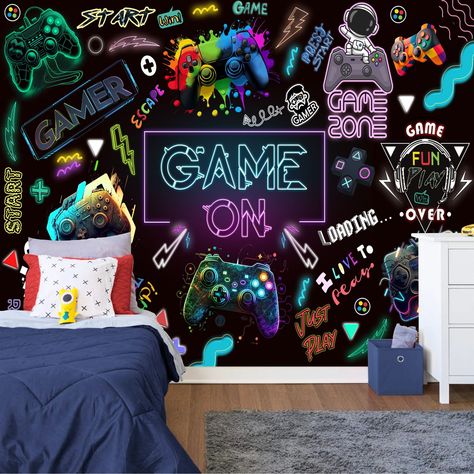 Gaming Room Game Playing Kids Room Decor Gift, Art Print Photomural Wallpaper Mural Easy-Install Removeable Peel and Stick Large Wall Decal Fotowalls tailored wall art products are space transformers - designed to instantly create a feeling or a look, and make your rooms as unique as you are. 📦🌎 FREE WORLDWIDE EXPRESS SHIPPING! 🌎📦 📍📐 All sizes are Width by Height 📐📍 INK ➡  We print using HP EcoLatex ink; GreenGuard Gold status with ultra-low emissions and VSC's, suitable for children's b Sports And Gaming Bedroom, Gaming Room Wall Paint, Bedroom Ideas For 8 Year Boy, Gaming Room Paint Ideas, Boys Bedroom Wall Ideas, Kids Gamer Bedroom, Teen Hangout Space, Neon Gaming Room, Gaming Bedroom Ideas Boys