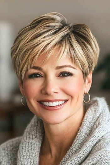 Save this pin for the best short layered haircuts for thick hair. You can get versatility out of a pixie cut, and this layered pixie proves it. Layers throughout the style give it dimension, and adding highlights really lightens the look. Long Layered Graduation Pixie, Ladies Short Hairstyles For Thick Hair, Short Hairstyles For Coarse Hair, Faith Hill Short Hair, Really Short Layered Haircuts, Short Brown Hair With Chunky Blonde Highlights, Short Pixie Hairstyles For Thick Hair, Short Haircuts For Women Over 50 With Thick Hair, Short Hair Cuts For Thick Straight Hair