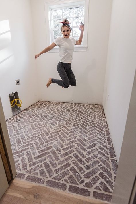 Heights House Laundry Room Reveal - Jenna Sue Design Grey Brick Floor Tile, Red Brick Tile Floor, Brick Floor Patterns, Laundry Room Brick Floor, Tile That Looks Like Brick Floor, Brick Floor Mudroom, Brick Bathroom Floor, Brick Floors Mudroom, Brick Floor Tile