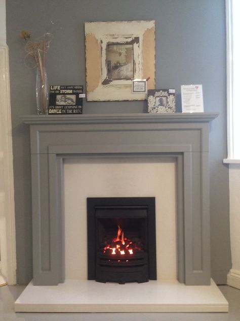 The Bossart #firesurround in #farrowandball Manor House Grey. Can be painted in any colour. Also with white #crystalmarble and a Virage HE Gas Fire Grey Painted Fireplace Surround, Fire Surround Same Colour As Wall, Painted Gas Fireplace, Gas Fire Surround Ideas, Gas Fires Living Room, Grey Mantle Fireplace, Grey Fireplace Surround, Painted Fireplace Surround, Painted Fire Surround