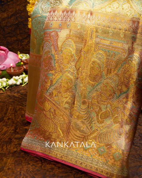 It's magical when pastel tones make an appearance on Kanchipuram Tissue Silks. What makes this weave truly magical is its contrast orange big border that features a group of women playing classical music. ​​ ​ #festivecollection #kankatalakanchipuram #kanchipuramsarees #kanchipuramsilk #tissuesilk #silk #saree #silksaree #weavesofindia #indianhandloom #sareefashion #sareelove #handloom #Kankatala #Kankatalasaree Kanchivaram Silk Saree Wedding, Meenakari Kanchi Pattu Sarees, Bridal Tissue Silk Saree, Pastel Kanchipuram Saree, Kankatala Sarees, Tissue Kanchipuram Silk Saree, Pista Saree, Saree Reference, Kanchipuram Silk Saree Wedding