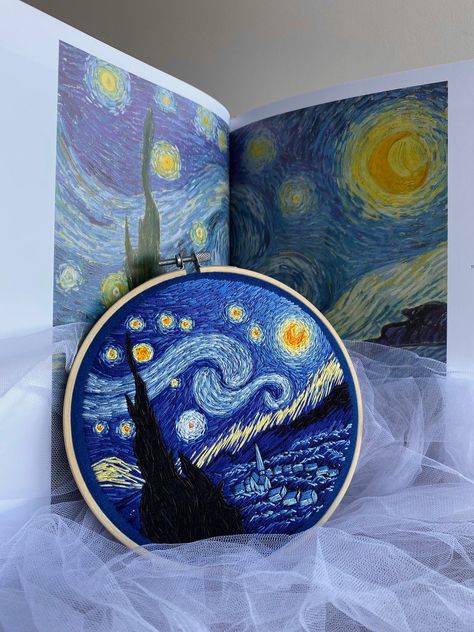 A hoop art inspired by legendary painting 'The Starry Night' by Vincent Van Gogh will be great gift for art lover and perfect wall decor. The Starry Night is hand stitched with love, secured in a 6 inch (about 15 cm) embroidery hoop and backed with felt. Starry Night Embroidery, Gogh The Starry Night, Embroidery Tattoo, Modern Hand Embroidery Patterns, Van Gogh Art, Hand Embroidery Pattern, Hand Embroidery Art, Hand Embroidery Design, Gifts For Art Lovers