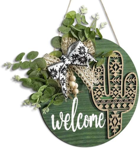 12-Inch Aztec Cactus Welcome Sign for Front Door - Boho Round Wooden Wreath Outdoor Wall Hanging, Farmhouse, Porch Decor, Garden Suitable for All Seasons and Holidays Outdoor Wall Hanging, Welcome Door Sign, Wooden Wreath, Western Aztec, Diy Front Porch, Decor Western, Welcome Door Signs, Wooden Welcome Signs, Wooden Wreaths