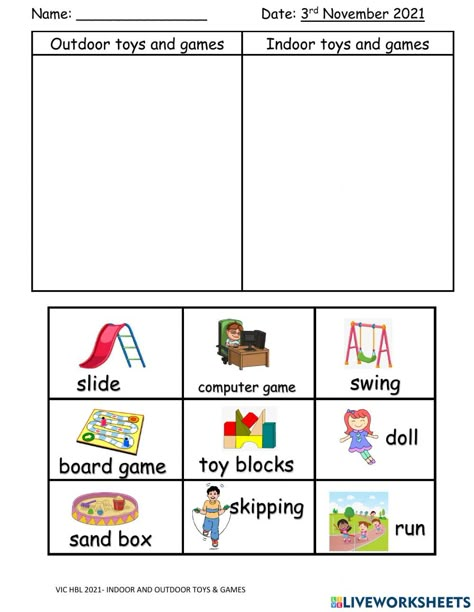 Indoor Games Worksheets For Kids, Indoor And Outdoor Games Worksheet, Outdoor Games For Kindergarten, Action Verbs Worksheet, Fun Outdoor Games For Kids, Verbs Worksheet, Kindergarten Handwriting, Games For Kindergarten, Basic English Sentences