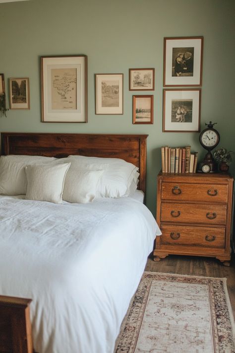 How to Design a Sage Green Farmhouse Bedroom – Everyday Inspo Burnt Orange And Sage Green Bedroom, Bedroom Green Accent Wall, Green Guest Bedroom, Sage Green Farmhouse Bedroom, Green Farmhouse Bedroom, Sage Green Farmhouse, Green Room Ideas, Green Farmhouse, Persian Decor