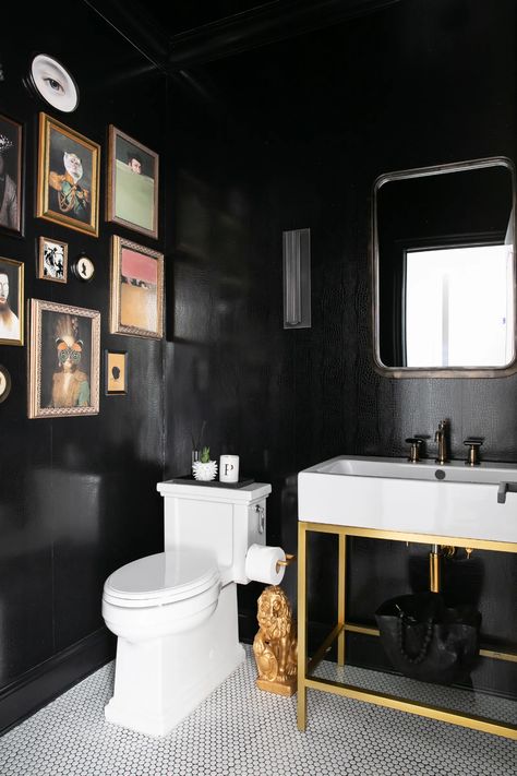 11 Black Paint Shades Interior Designers Use on Repeat | Architectural Digest Penny Tiles Bathroom, Maximalist Bathroom, Black Paint Color, Dark Paint Colors, Bohemian Bathroom, Penny Tile, Bathroom Color, Dark Walls, Black Tiles