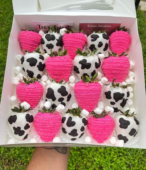 #cowprint on Instagram | Hashtags Cow Party Theme Ideas, Hot Pink And Cow Print Cake, Cow Theme Strawberries, Pink Cow Print Strawberries, Highland Cow Strawberries, Cow Donut Ideas, Cowgirl Party Desserts, Pink Cowgirl Birthday Party Western Theme, Sweet 16 Western Party Ideas