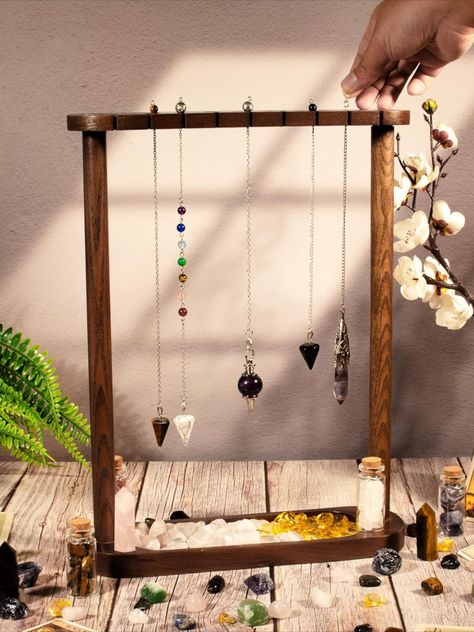 Kihomi Pendulum Display Stand with Tray | Wooden Crystal Stone Holder Up to 17 Pendulums and Crystal Pendants - Aesthetic Witchy Decor, Witchcraft and Wiccan Supplies for Your Spiritual Space Pendulum Stand Diy, Pendulum Display, Pendants Aesthetic, Wiccan Supplies, Jewlery Holder, Spiritual Space, Magic Crafts, Crystal Holder, Crystal Pendulum