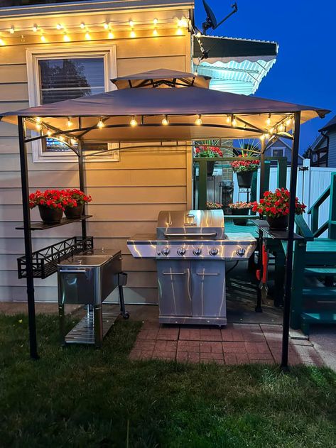 Outdoor Patio Tents Canopies, Small Back Porch Ideas With Grill, Backyard Canopy Ideas Gazebo, Tent Gazebo Ideas Backyards, Grill Canopy Diy Patio Ideas, Back Porch Grilling Area, Small Patio Grill Station, Grill Gazebo Ideas Backyards, Grill Outdoor Ideas