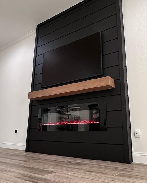 Built Out Tv Wall Unit With Fireplace, Feature Wall Around Tv, Living Room With Fireplace In The Corner, Built In Wall Tv Unit, Tv Black Accent Wall, Built Fireplace Wall, Modernizing Fireplace, Black Home Interior Design Living Room, Diy Fireplace Tv Wall Black