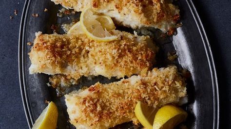 Lingcod is brined, pan-seared, and baked under a zesty Parmesan crust until golden brown in this buttery and delicious weeknight dinner. Lingcod Recipe, Seafood Delight, Recipe Cover, Cod Recipes, Healthy Fish, Fish Fillet, Pan Seared, Fish Dishes, Food Network