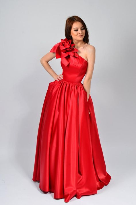 Long One Shoulder Dress, Wedding Dress Websites, Flower Gown, Satin Evening Dress, Red Satin Dress, Women Church Suits, Dress Gallery, Satin Evening Dresses, Floral Dresses Short